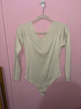 Fashion Nova Cream V-Neck Ribbed Long Sleeve Thong Bodysuit